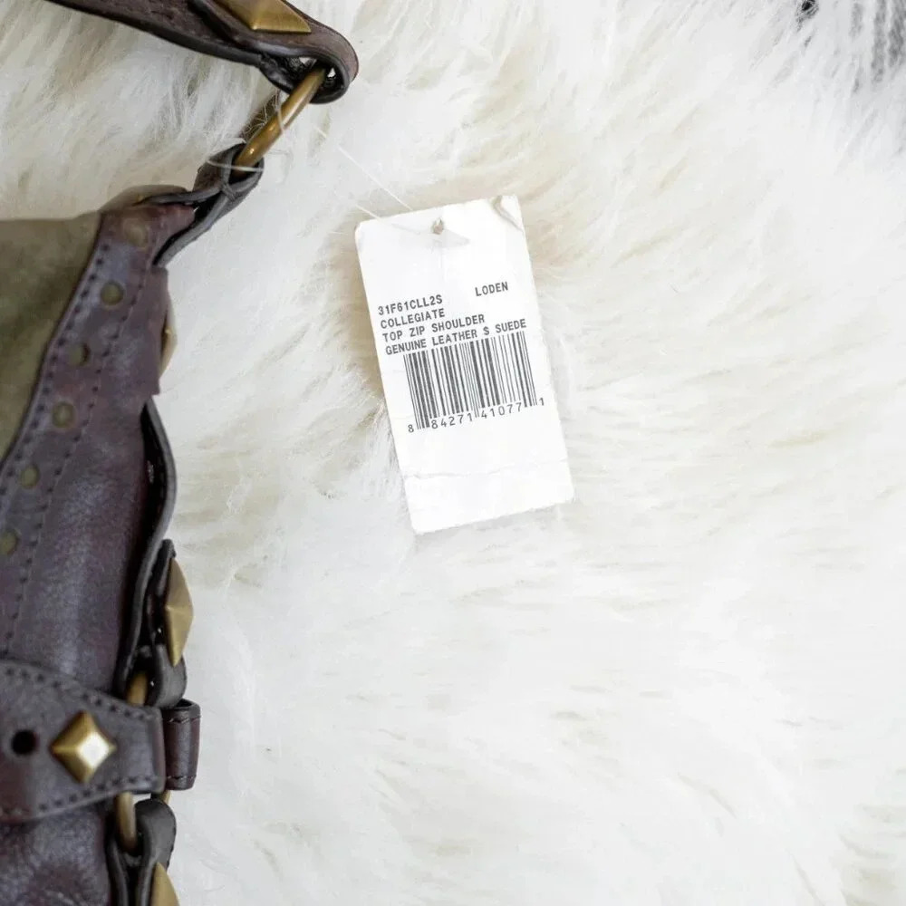 NWT! MICHAEL KORS COLLEGIATE STUDDED BROWN LEATHER OLIVE GREEN SUEDE BAG - Picture 6 of 15